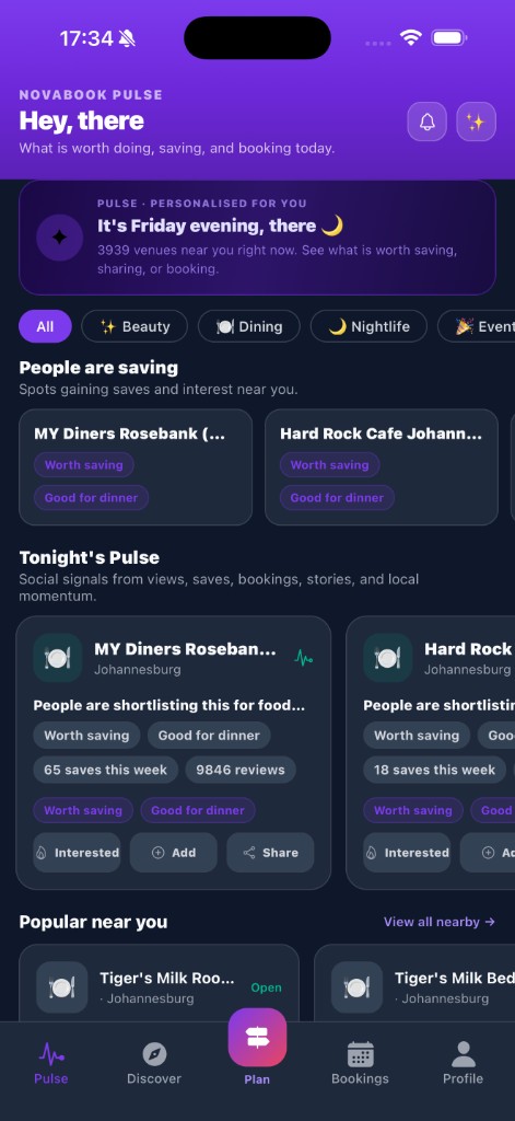 NovaBook Pulse mobile discover feed with categories and tonight's picks
