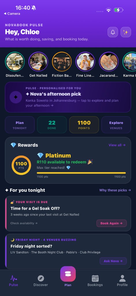 NovaBook Pulse home with rewards and Nova recommendations