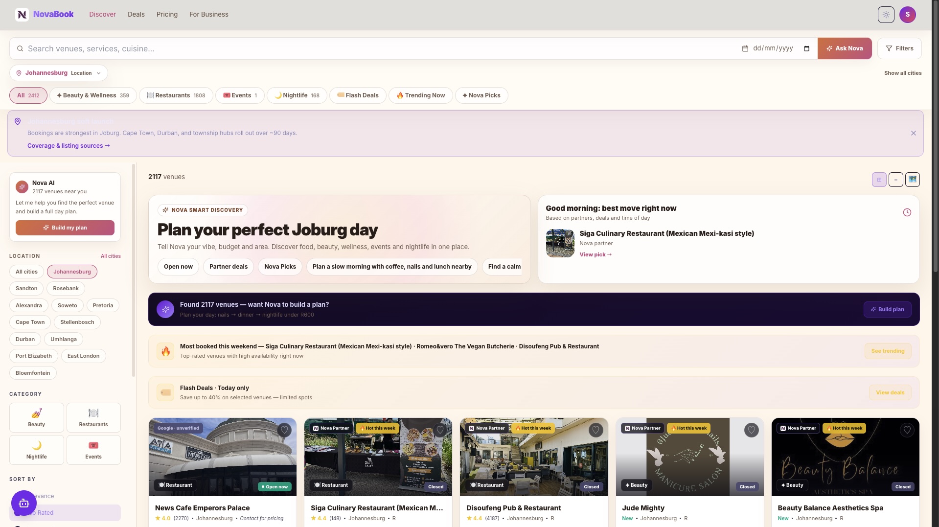 NovaBook discover page — 2117 venues across SA cities with AI-powered plan builder and category filters