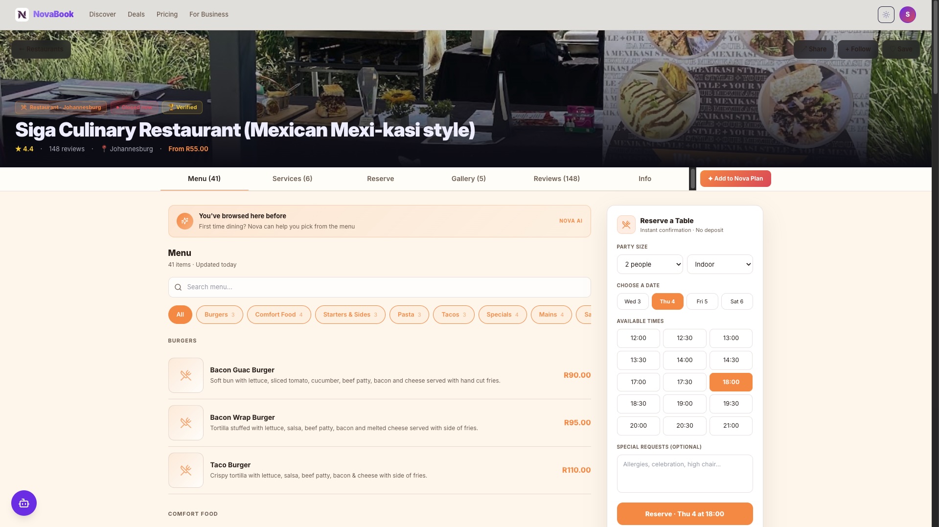 NovaBook venue page showing menu, live table availability, and instant reservation with no deposit required